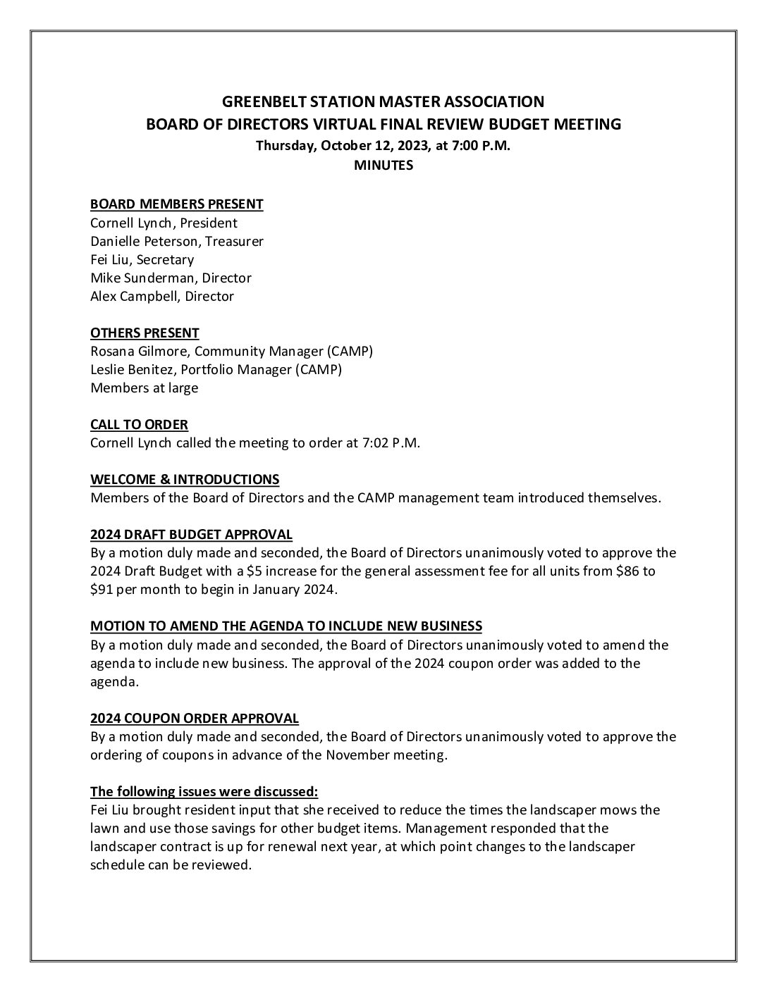 Greenbelt Station – Board Budget Meeting Minutes – 10-12-2023 – APPROVED
